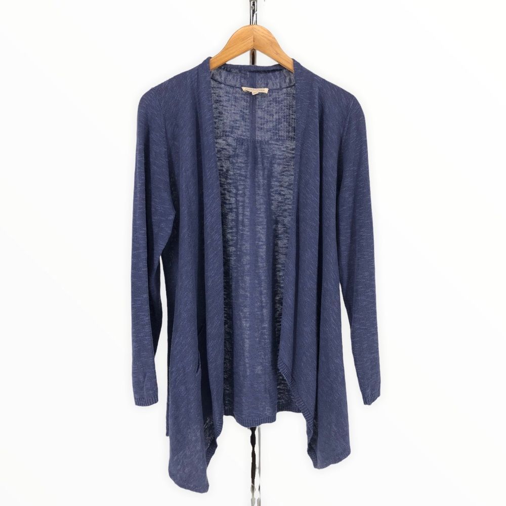 Eileen Fisher Blue Linen Cotton Open Waterfall Long Sleeve Knit Cardigan size PL